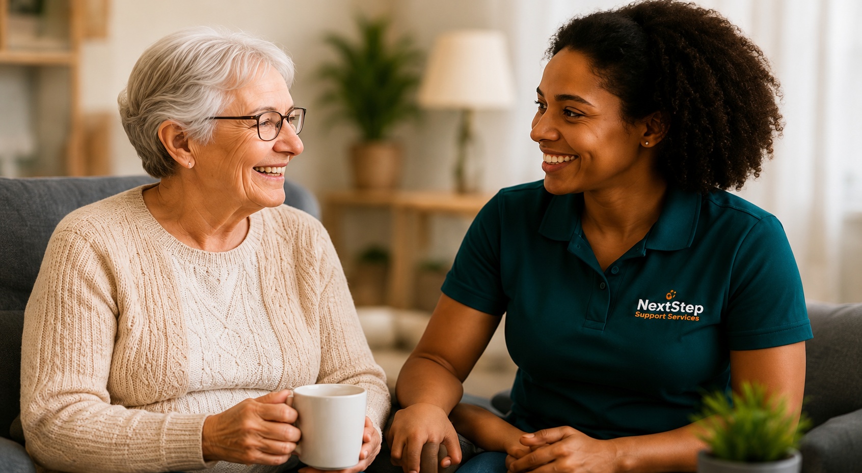 Support worker and client talking together